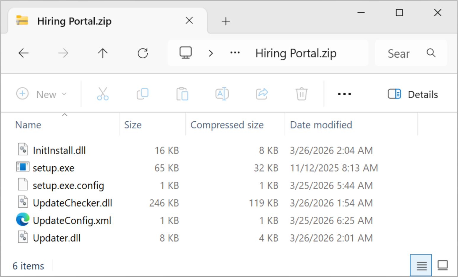 A screenshot of a file explorer window displaying the contents of "Hiring Portal.zip." It includes six files, with size, compressed size, and date modified listed.