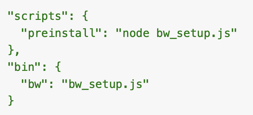 JSON形式のコード スニペットのスクリーンショット。これには、"preinstall"キーでノードを実行する"scripts"セクションと、"bw"キーでノードを実行する"bin"セクションが含まれます。
