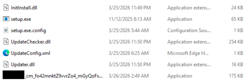 A screenshot of a file directory showing various files and a hidden file beginning with an underscore. File types include Application, Configuration Source, Microsoft Edge HTML, and Application extension, with dates from 2025 and 2026.