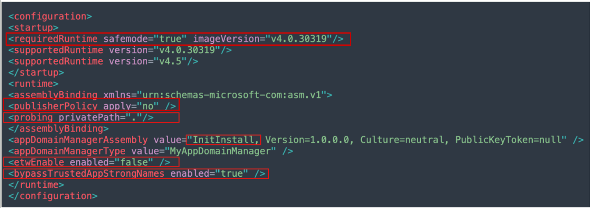 A screenshot of a configuration file with XML code. Important sections are highlighted, including safemode set to true, the useLegacyV2RuntimeActivationPolicy set to "no," and bypassTrustedAppStrongNames set to true.