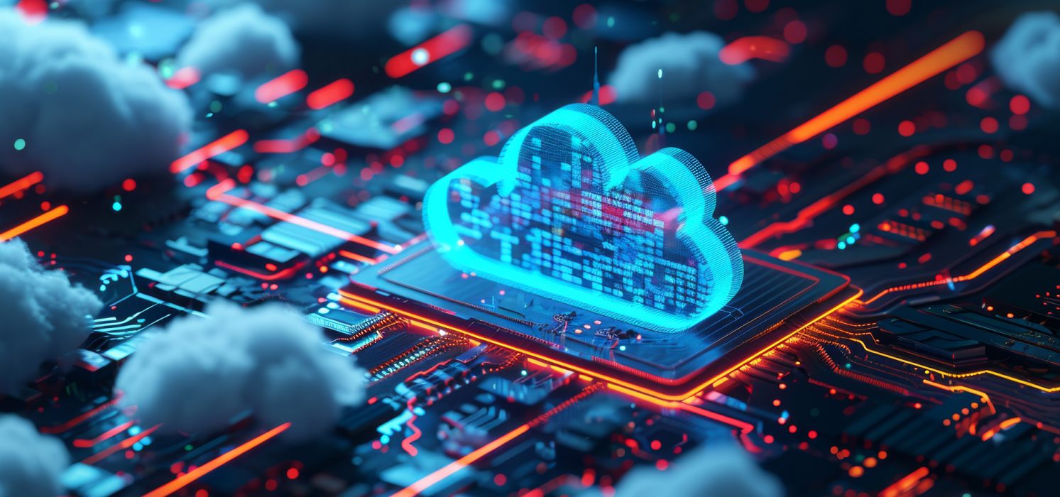 Pictorial representation of Cloud Logging services for defense evasion. A vibrant digital illustration depicting a glowing, neon blue cloud symbol positioned over a circuit board landscape. The cloud symbolizes cloud computing technology, and the landscape features intricate electronic circuits with glowing lines and nodes, suggesting high-tech data transfer and connectivity.