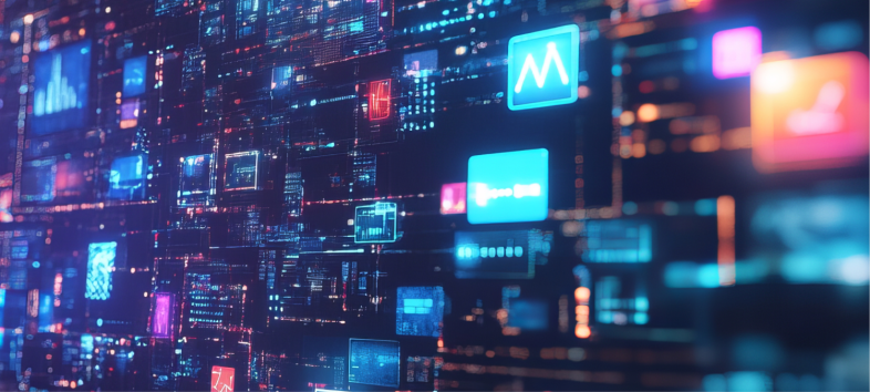 Pictorial representation of Vertex AI model uploads. Close-up view of a digital wall displaying various glowing icons, representing a high-tech network interface.