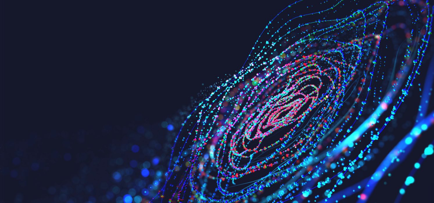 Pictorial representation of integrity verification for AI Agent supply chains. A swirling, colorful digital pattern on a dark background resembling a vortex. Bright dots and lines in shades of blue, pink, and purple create a dynamic, futuristic effect.
