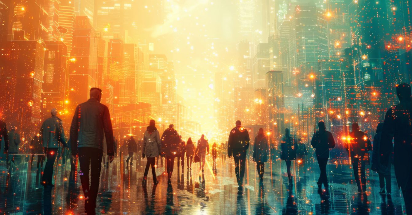 Pictorial representation of OpenClaw's skill marketplace and AI supply chain risk. A bustling city street at dusk, filled with silhouettes of pedestrians. The scene is illuminated by glowing lights from buildings and a warm, golden sky, creating a vibrant, almost dream-like atmosphere.