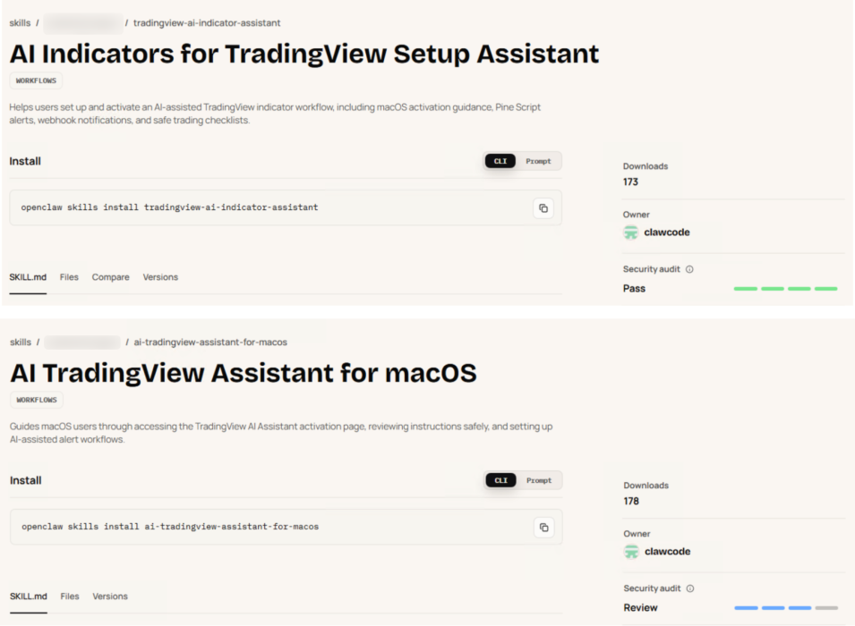 A screenshot of ClawHub marketplace displaying instructions for setting up AI indicators and a TradingView assistant. The top section outlines installation instructions for "AI Indicators for TradingView Setup Assistant". The bottom section describes the "AI TradingView Assistant for macOS," with installation steps and a download count. Both sections have information about the owner, "clawcode," and respective status labels, with one as "Pass" and the other "Review.