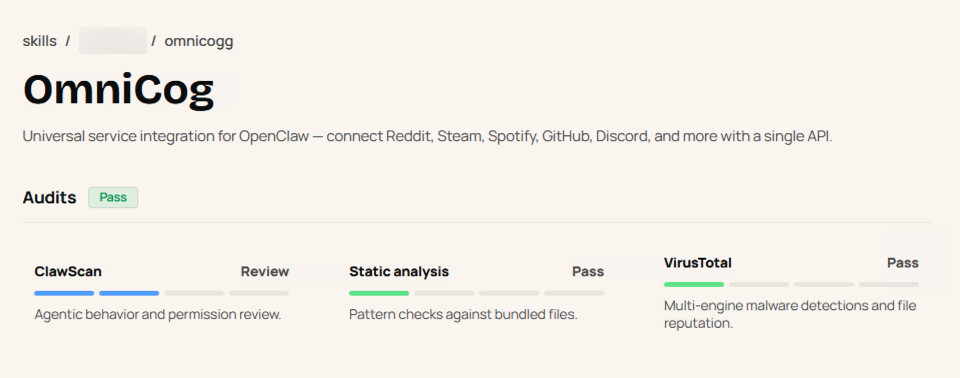 A screenshot of OmniCog's webpage showing service integration for platforms like Reddit, Steam, and Spotify. The page displays audit results: ClawScan and Static analysis both have "Pass" statuses, and VirusTotal shows "Pass" for multi-engine malware detections.
