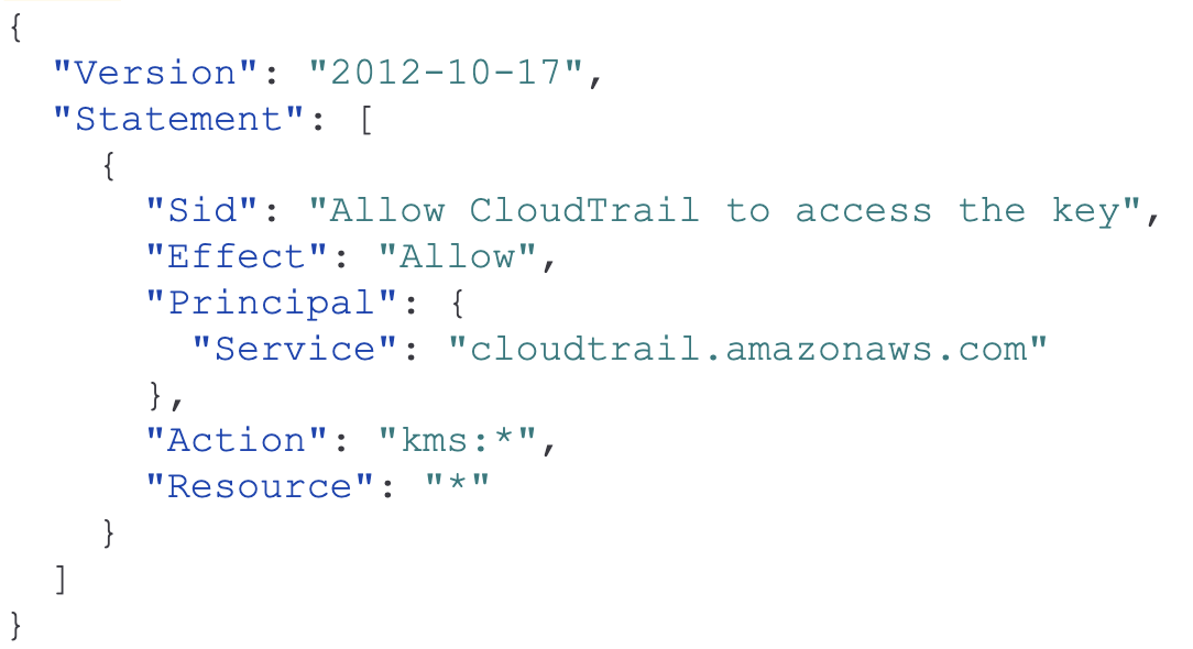 A code snippet showing a JSON policy configuration for AWS. The configuration permits CloudTrail access to a key.