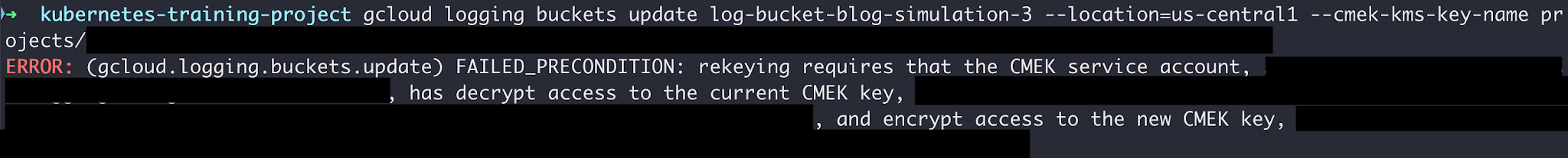 A screenshot of a terminal displaying an error message related to Google Cloud. The error indicates a failed precondition due to credentials issues with a Google service account regarding GKE keys.