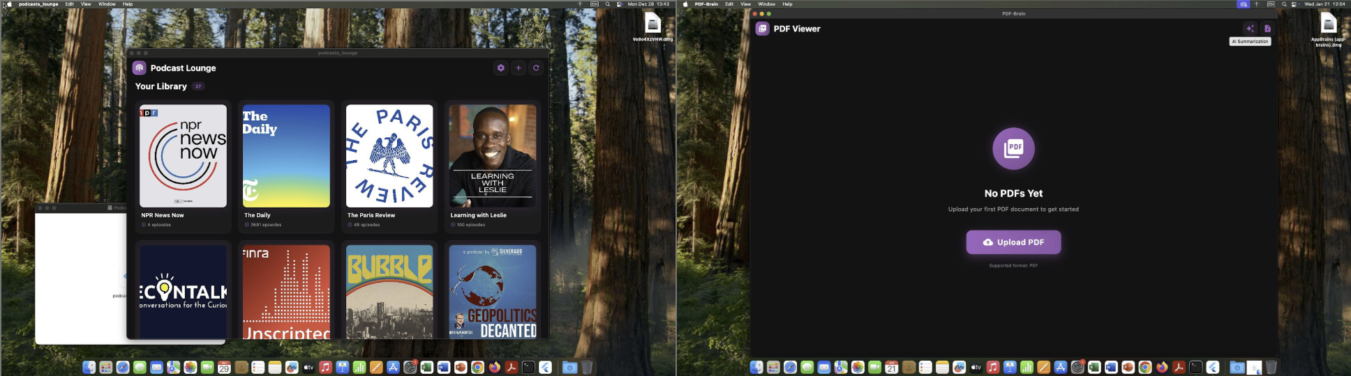 A screenshot of a computer screen split into two main sections. On the left, a podcast application displays a selection of podcast covers, including "The Daily," "Pardon My Take," and "Science Vs." On the right, a PDF viewer application is open, displaying a password-protected file message prompting to unlock the PDF. The background shows a forest scene with tall trees.