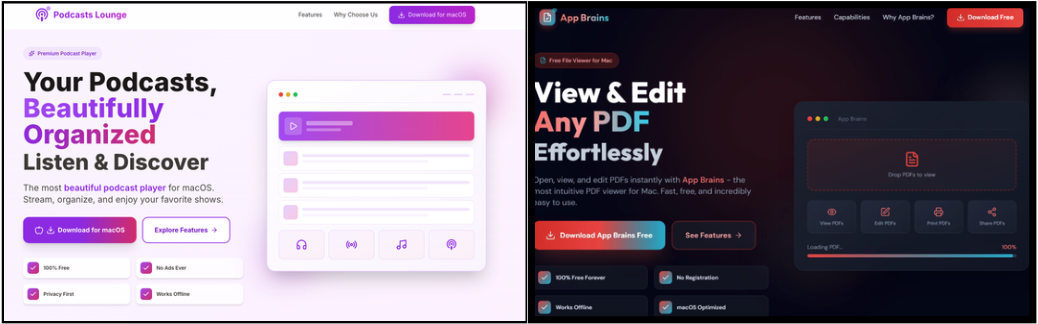 Two screenshots of side-by-side website interface designs. The left side is for "Podcasts Lounge," featuring options to listen, discover, and manage podcasts, with highlighted buttons for exploring and downloading. The right side is for "App Denise," focusing on viewing and editing PDFs, with options to download and learn more. Both interfaces have prominent color schemes and feature navigational buttons and text.