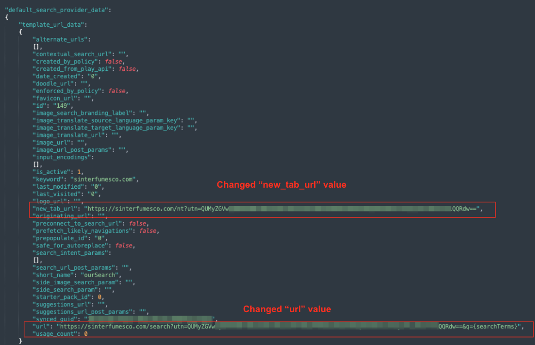 A screenshot of code displaying JSON data is shown. Red boxes highlight changes made to two fields: "new_tab_url" and "url," with both values altered.