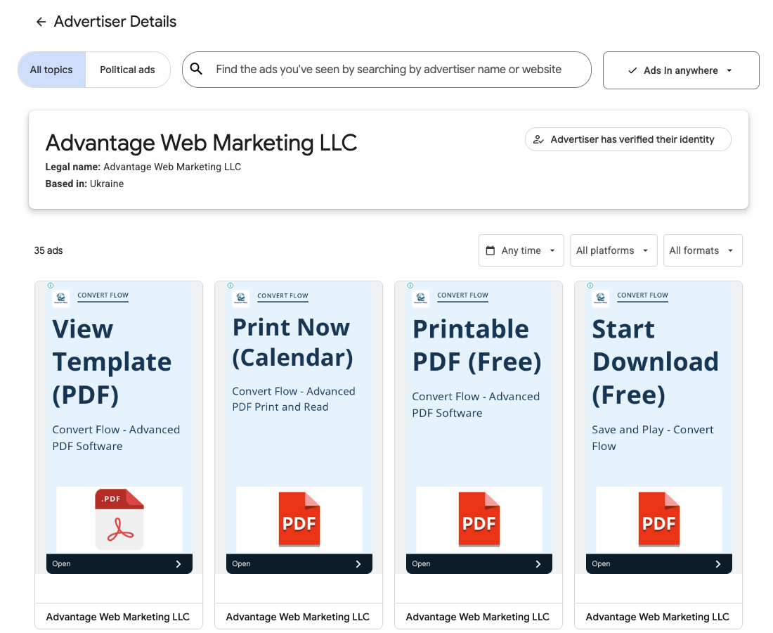 A webpage displaying advertisement details for "Advantage Web Marketing LLC," based in Ukraine. There are four ad examples listed: "View Template (PDF)," "Print Now (Calendar)," "Printable PDF (Free)," and "Start Download (Free)." Each ad is associated with Convert Flow - Advanced PDF Software.