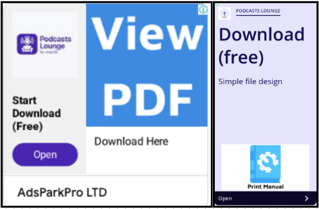 An advertisement with text offering to start a free download, featuring the names "Podcasts Lounge" and "AdsParkPro LTD," alongside a "View PDF" button. Another section repeats "Download (free)" with a "Print Manual" icon.