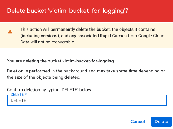 A screenshot of a confirmation dialog for deleting a Google Cloud storage bucket/ A warning indicates that this action will permanently delete the bucket and its contents. There is a text box for typing "DELETE" to confirm the action, with "DELETE" already entered. Options for "Cancel" and "Delete" are at the bottom.
