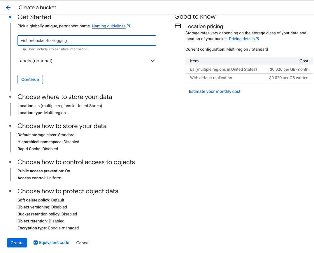 A screenshot of creating a storage bucket in Google Cloud Platform. The interface shows options for naming the bucket, selecting a data region, and configuring access and protection settings. On the right, pricing information and configuration tips are displayed.