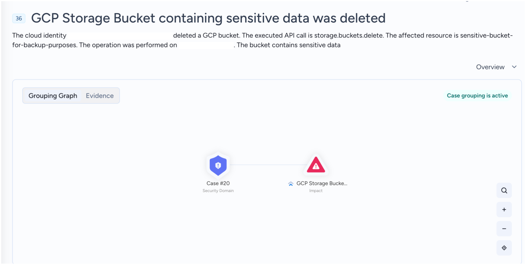 A screenshot of a dashboard showing a notification about the deletion of a GCP storage bucket containing sensitive data. It includes a security domain case with an alert icon linked to "GCP Storage Bucket.