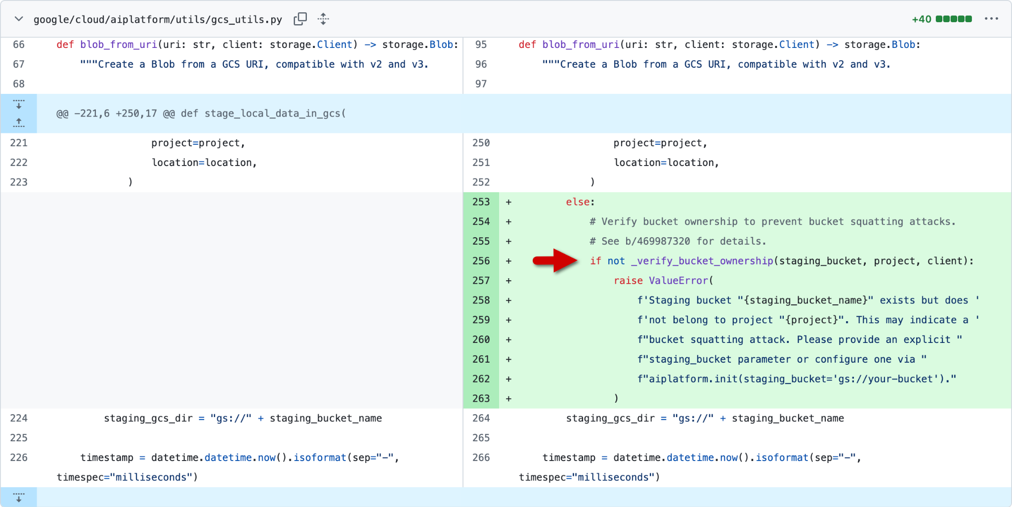 A screenshot of a split view of a code file with differences highlighted in green and red. The left side displays the original code, and the right side shows modifications. A red arrow points to a line on the right side, indicating changes related to verifying bucket ownership in the Google Cloud platform utils script. 