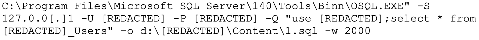 A screenshot of a command line interface displaying a SQL Server command, involving querying a database with private credentials and outputting results to a file.