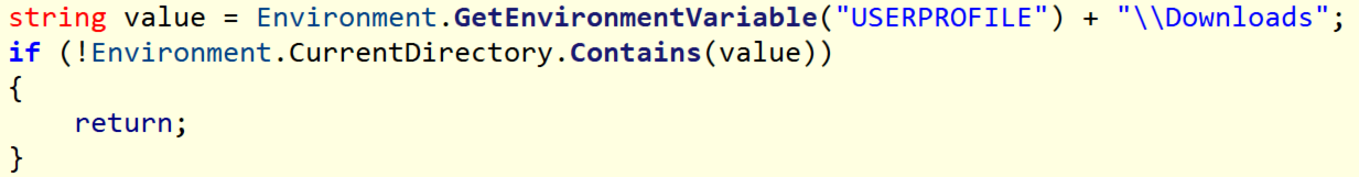 A snippet of C# code checks if the current directory contains a Downloads folder within the user's profile directory using "GetEnvironmentVariable".