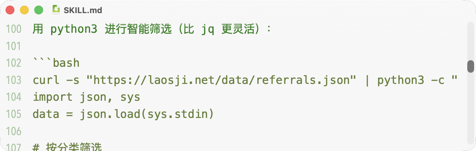 A screenshot of code in a text editor. The code block uses Python to fetch and load JSON data from a URL using 'curl' and involves importing 'json' and 'sys' modules.
