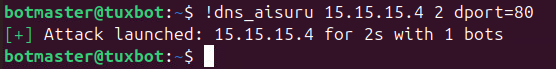 A screenshot of a terminal window showing a command to launch a DNS attack on an IP address using port 80. The attack is executed for 2 seconds with 1 bot. 