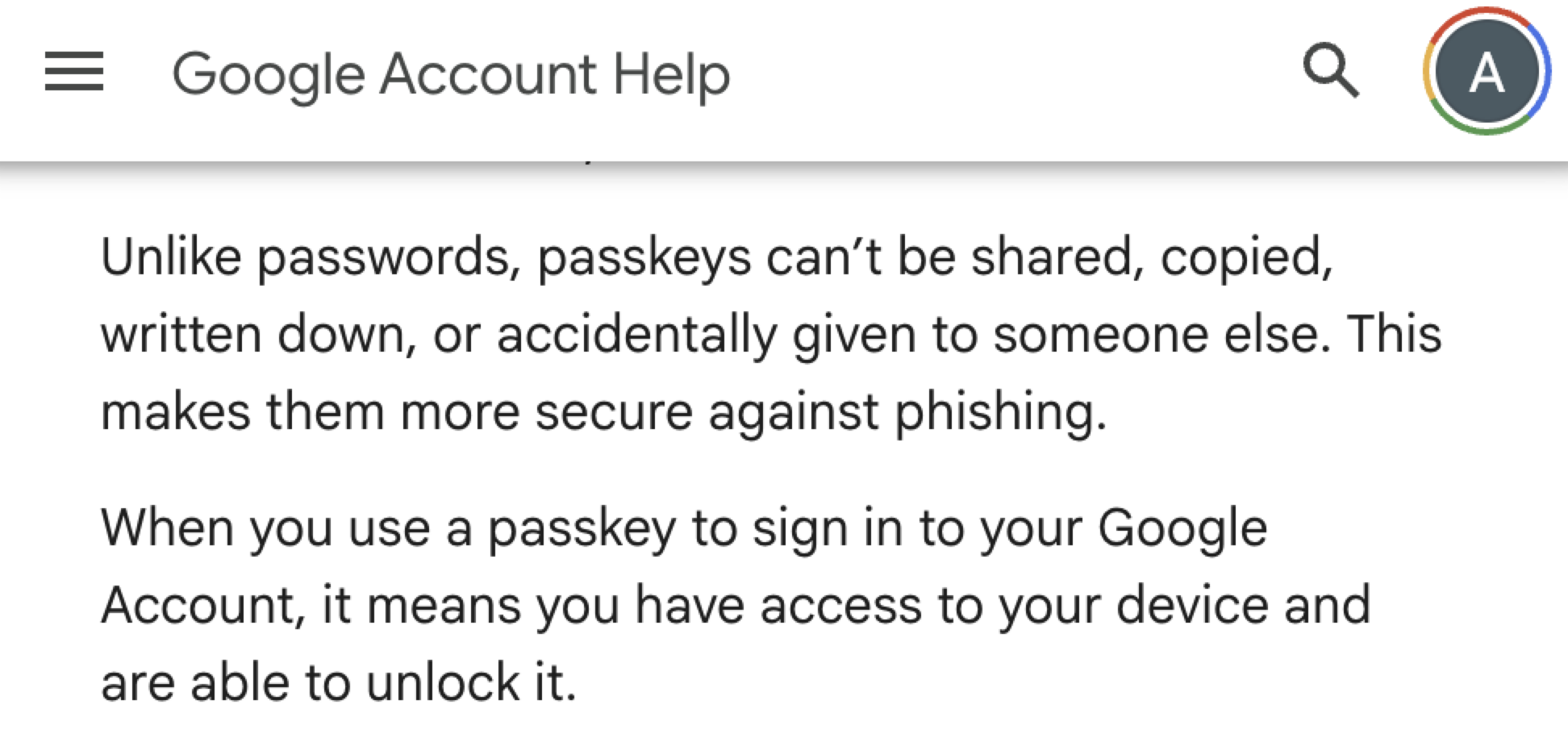 A screenshot of Google Account Help page explaining passkeys. It highlights that passkeys are more secure than passwords as they cannot be shared, copied, or accidentally given away. Using a passkey to sign in ensures access to your device and its unlocking.