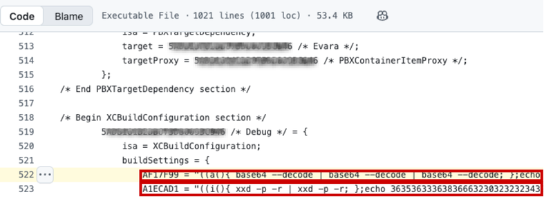 A screenshot of a code editor showing lines of code in a project file. Some lines are blurred. The code is related to configuration sections within the project. A highlighted area includes seemingly obfuscated text with labels "AFI79" and "AE1CAD1"