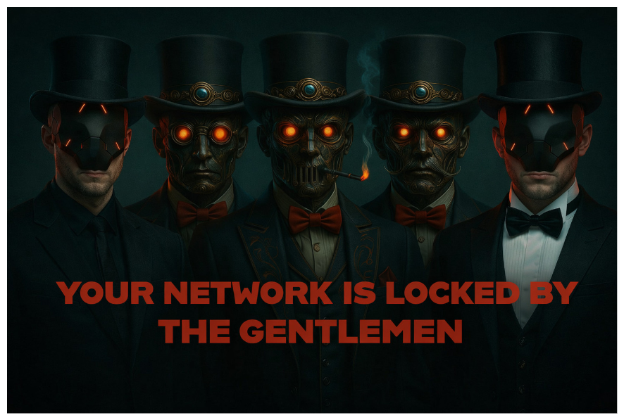 Image of The Gentlemen ransomware’s wallpaper, featuring five men wearing masks in tuxedos.