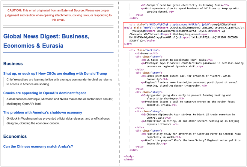 A screenshot of a split screen image displaying a webpage layout. On the left, content under 'Global News Digest: Business, Economics & Eurasia' with articles discussing CEOs, OpenAI, and the impact of American technology firms. On the right, rows of HTML code and text highlighting technical aspects of webpage formatting. The content covers topics such as business strategies, economic developments, and technological advancements