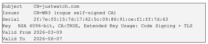 A screenshot of a roge certificate information displaying details such as the subject and issuer. The serial number is listed. It shows a 4096-bit RSA key with extended key usage for code signing and TLS. The certificate includes a beginning and end validation date.