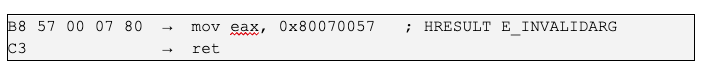 A screenshot of a code snippet showing assembly instructions. It includes a move operation to the EAX register with a value, followed by a return operation.