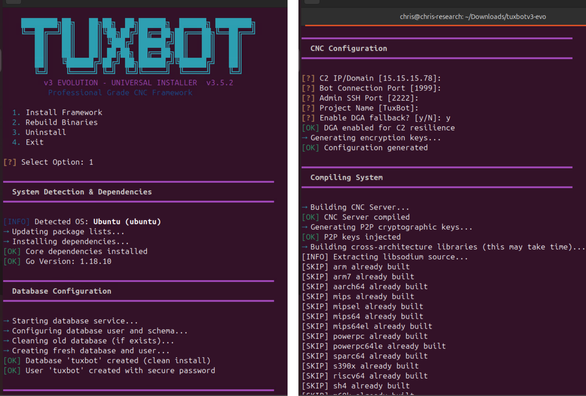 A screenshot of a terminal interface running "Tuxbot" software. The left section shows options for system detection and dependencies, with Ubuntu detected. The right section displays CNC configuration steps for Tuxbot, including key generation and library execution. It shows progress with various steps marked as "already built".