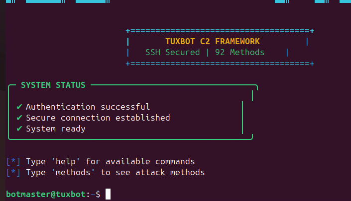 A screenshot of a terminal interface showing "Tuxbot C2 Framework" with the system status indicating authentication is successful, a secure connection is established, and the system is ready. 