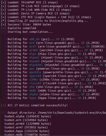 A screenshot of a terminal screen showing automated compilation process for various computer architectures. The output indicates success and completion of builds, with two entities mentioned. Commands are executed with a timestamp prefix.