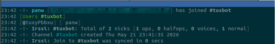 A screenshot of an IRC chat window in a terminal. A user has joined the channel #tuxbot. Messages display information about channel creation date and user status within #tuxbot.