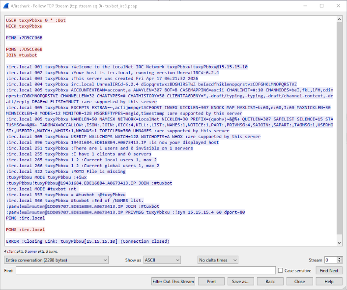 A screenshot of a Wireshark TCP Stream showing a network conversation. The text details a connection to the IRC Network, listing various server messages and commands, including PING and PONG exchanges. There are server logs related to #bot and #tuxbot channels. Connection and termination of the server session are noted.