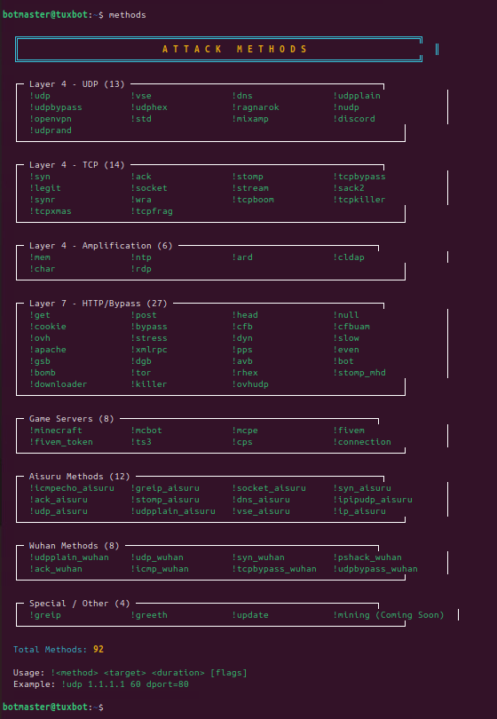 A screenshot of a command line interface displaying a list of attack methods categorized by layers and types. Each category lists methods. At the bottom, it notes a total of 92 methods, with a sample usage command.
