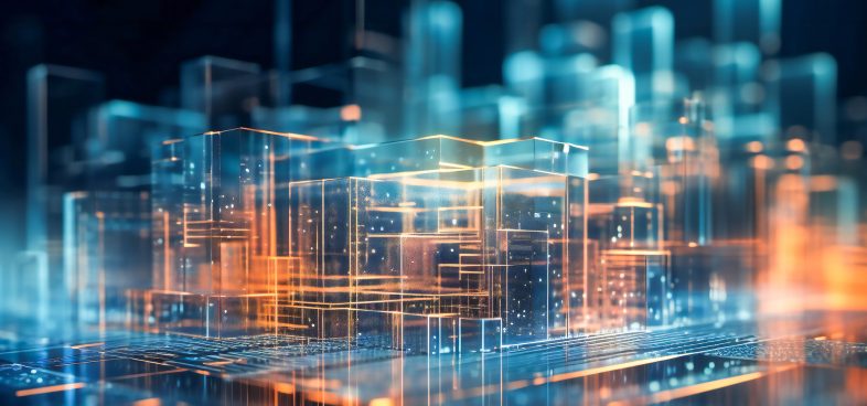 Pictorial representation of malware bypassing DNS and communicating directly to IP addresses. Futuristic digital cityscape with glowing blue and orange geometric structures, resembling skyscrapers.