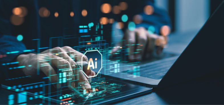 Pictorial representation of Token-jacking. A person types on a laptop with multiple digital interface elements projected, including an "AI" icon