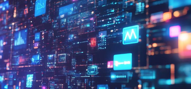 Pictorial representation of AI-enabled malware. A vibrant digital interface displaying various icons and graphs, resembling a futuristic network or data analysis dashboard. The scene is illuminated with glowing lights and patterns.