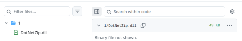 A screenshot of a file explorer showing a folder titled "1" containing a file with a size of 49 KB. A note below states, 'Binary file not shown'.