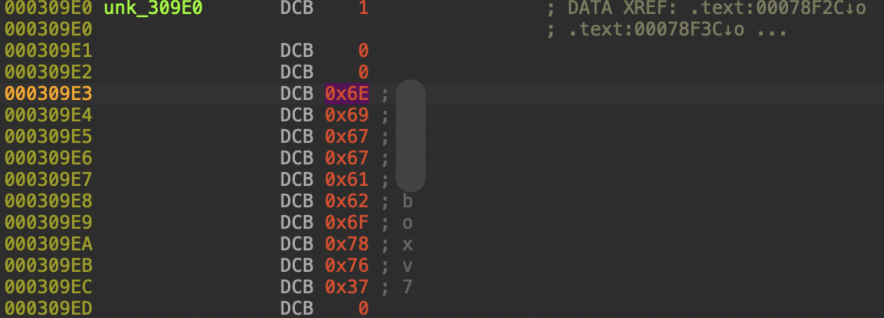 A screenshot of a hexadecimal code in columns, with highlighted values in orange and yellow on the left. The visible ASCII values on the right are lowercase letters "b", "o", "x", and the digit "7".