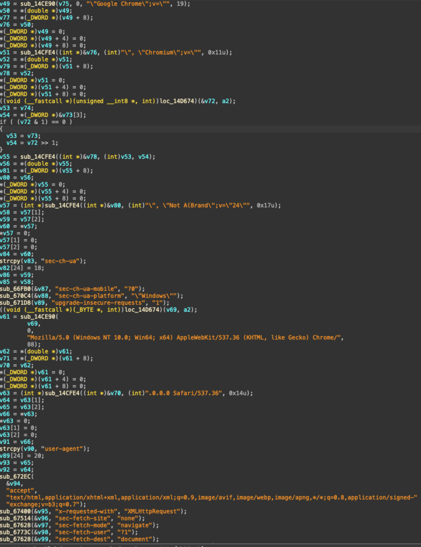 A screenshot of code in a development environment. The code is written in a dark-themed editor and contains various programming elements, such as functions, variables, and libraries. Mentions of "Google Chrome" and "Safari" are visible in the code.