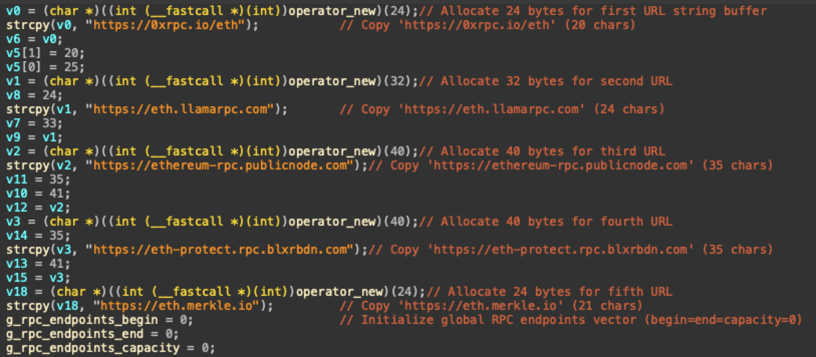 A screenshot of a code snippet showing allocation of strings to different variables. Each variable is assigned a URL from various platforms.