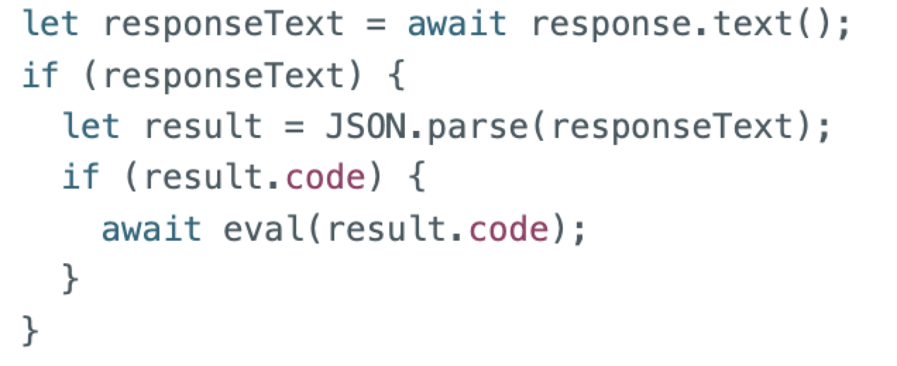 JavaScriptロジックを示すコード スニペットのスクリーンショット。応答テキストを待ち、存在するかどうかをチェックし、JSONとして解析し、コード プロパティを評価します。