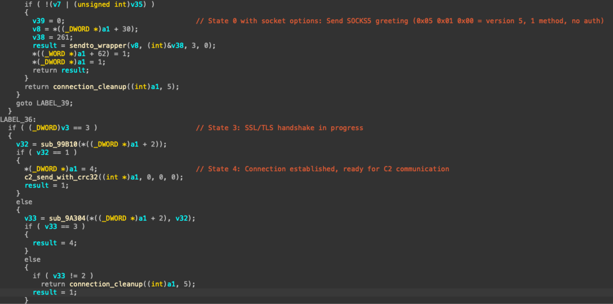 A screenshot of computer code in a programming environment. The code includes socket programming and comments related to network communication. The code is shown in multiple colors, likely indicating syntax highlighting, with sections in black for code, orange for comments, and some red highlighting.