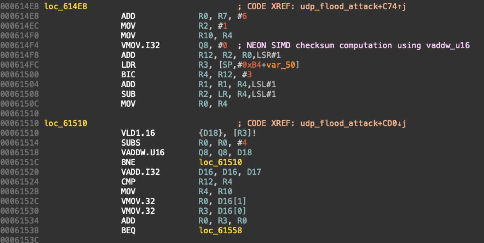 A screenshot of assembly code from a disassembler tool. The code includes instructions such as ADD, LDR, BIC, and VADD, along with memory addresses and registers. It contains comments referencing "NEON SIMD checksum computation" with labeled sections. 